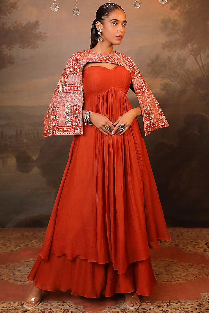 Cinnamon Soft Chanderi Anarkali Set by JIGYA JAPRA at Pernia's Pop Up Shop