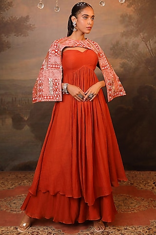 Cinnamon Soft Chanderi Anarkali Set by JIGYA JAPRA