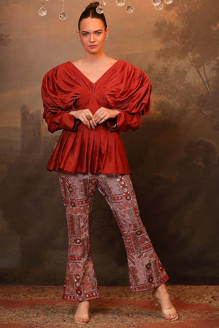 Rust Chanderi Silk Embroidered Bell-Bottom Pant Set by JIGYA JAPRA at Pernia's Pop Up Shop