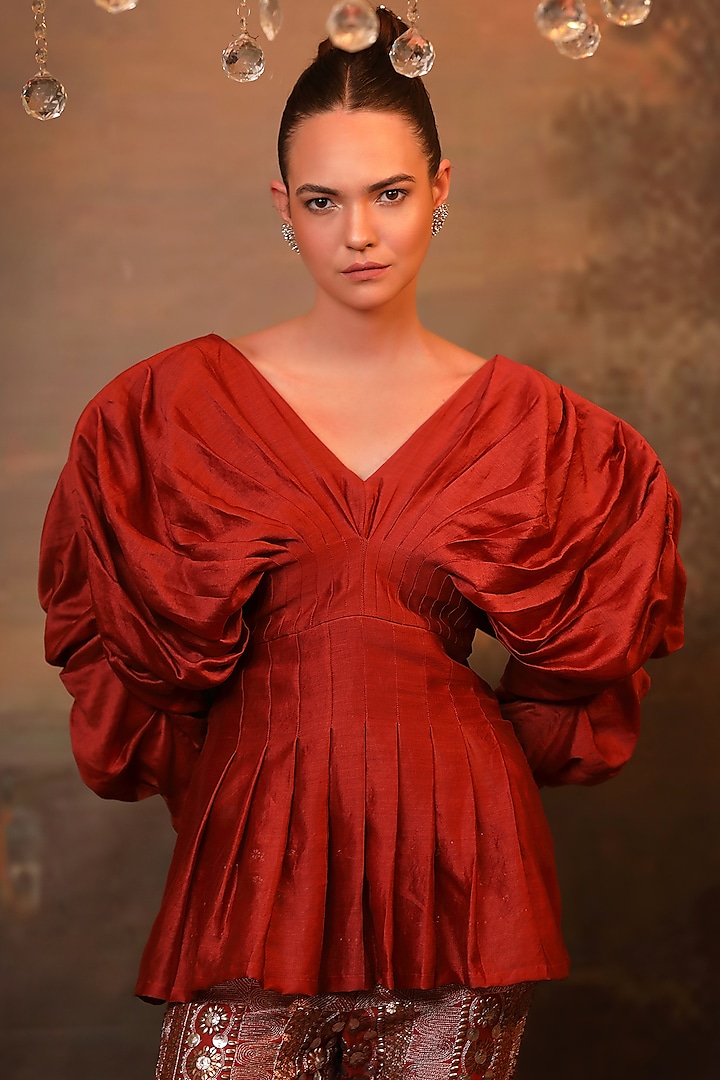 Rust Chanderi Silk Embroidered Bell-Bottom Pant Set by JIGYA JAPRA at Pernia's Pop Up Shop