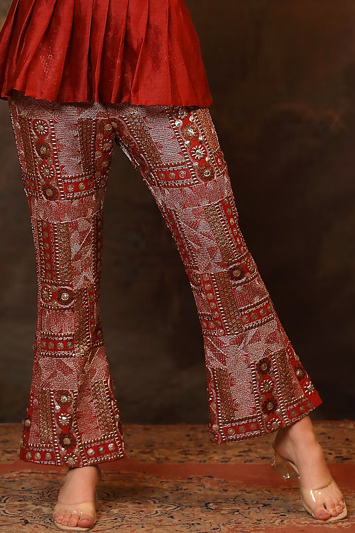 Rust Chanderi Silk Embroidered Bell-Bottom Pant Set by JIGYA JAPRA at Pernia's Pop Up Shop