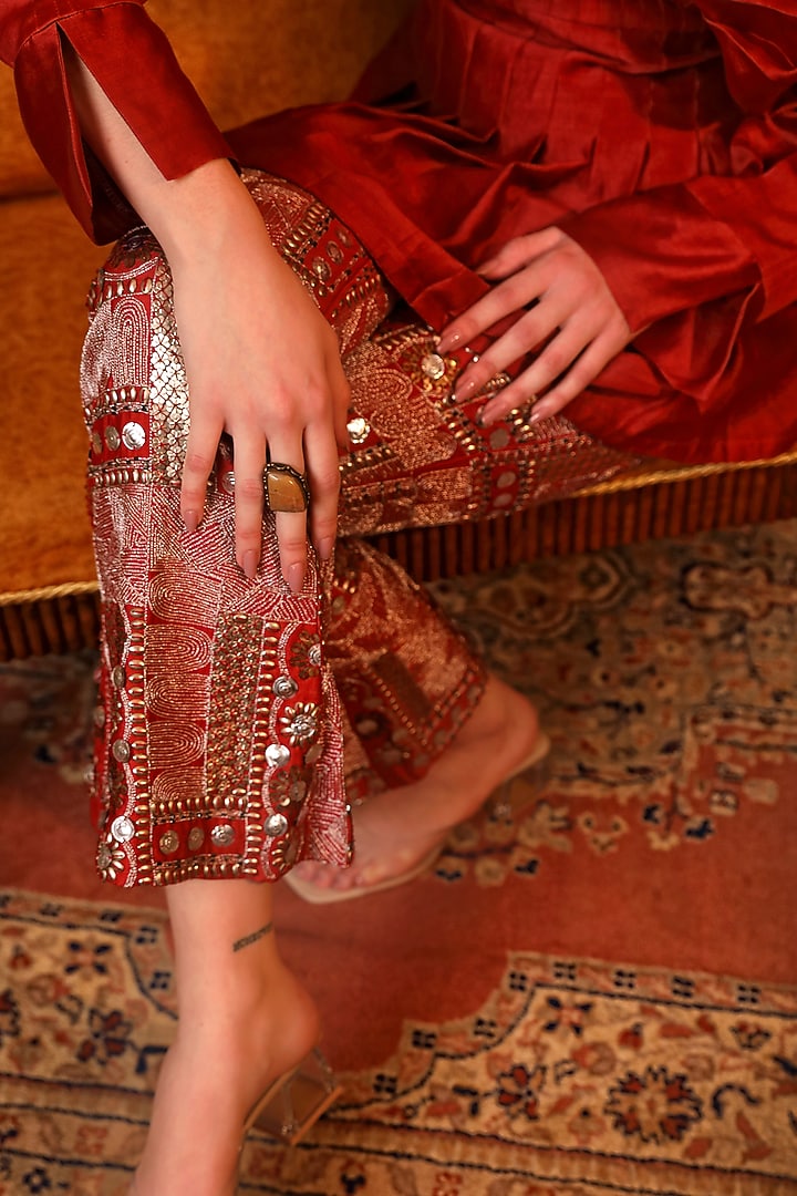 Rust Chanderi Silk Embroidered Bell-Bottom Pant Set by JIGYA JAPRA at Pernia's Pop Up Shop
