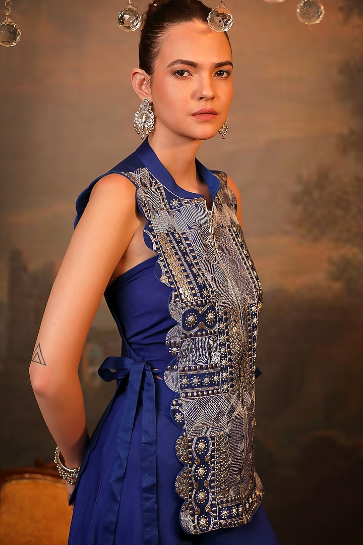 Royal Blue Chanderi & Double Georgette Embroidered Cape Set by JIGYA JAPRA at Pernia's Pop Up Shop