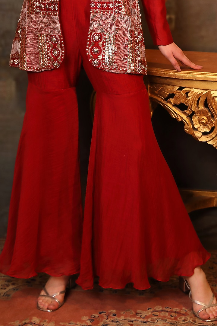 Maroon Soft Chanderi Zari Embroidered Blazer Set by JIGYA JAPRA at Pernia's Pop Up Shop