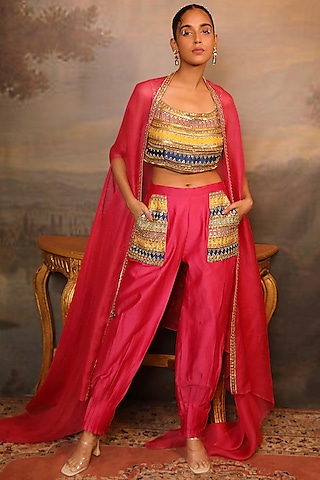Magenta Chanderi Silk & Soft Organza Gota Patti Work Afghani Pant Set by JIGYA JAPRA