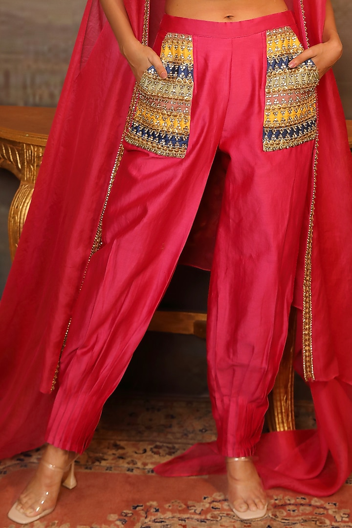 Magenta Chanderi Silk & Soft Organza Gota Patti Work Afghani Pant Set by JIGYA JAPRA at Pernia's Pop Up Shop