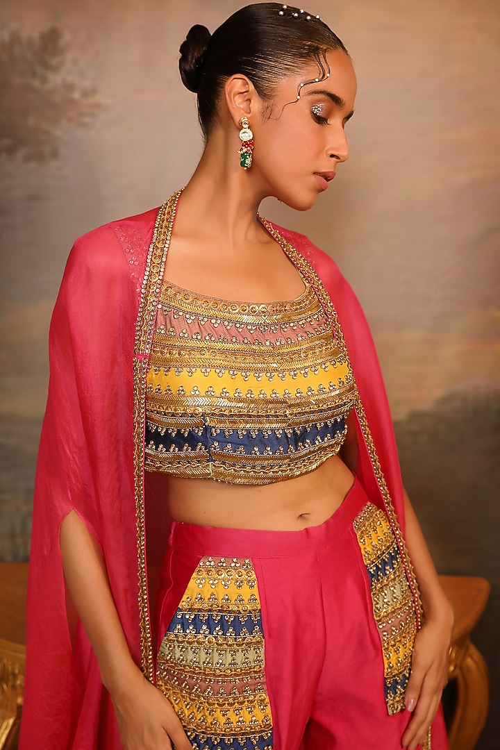 Magenta Chanderi Silk & Soft Organza Gota Patti Work Afghani Pant Set by JIGYA JAPRA at Pernia's Pop Up Shop