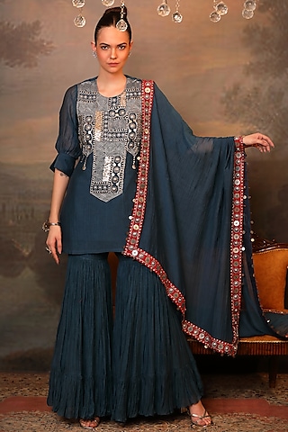 Peacock Blue Creased Fabric Sharara Set by JIGYA JAPRA