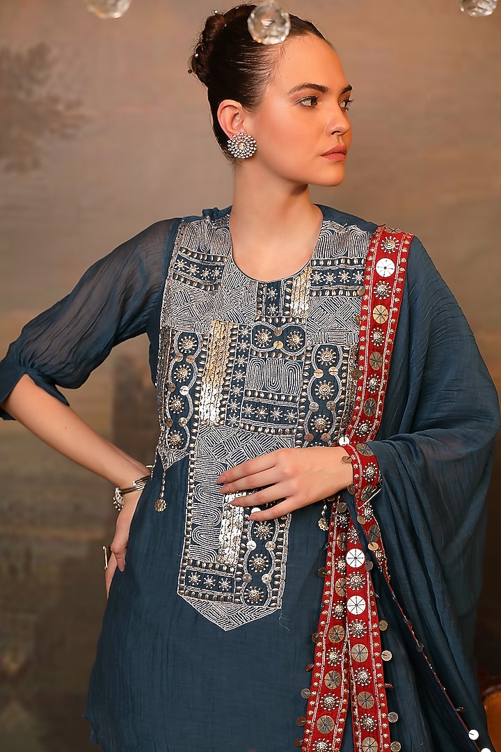 Peacock Blue Creased Fabric Party Wear Sharara Set by JIGYA JAPRA at Pernia's Pop Up Shop