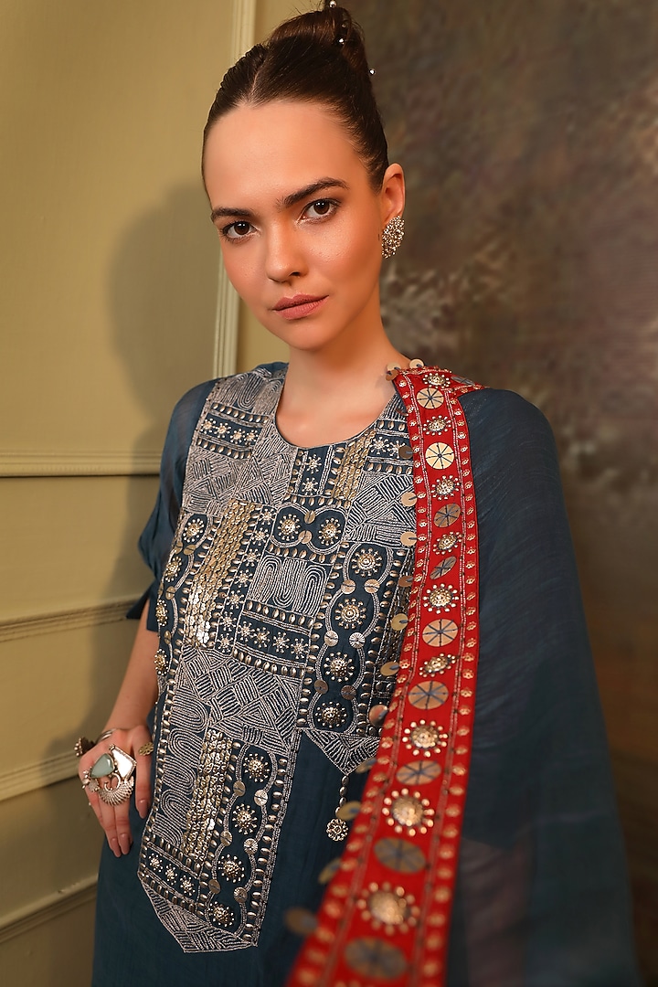 Peacock Blue Creased Fabric Party Wear Sharara Set by JIGYA JAPRA at Pernia's Pop Up Shop