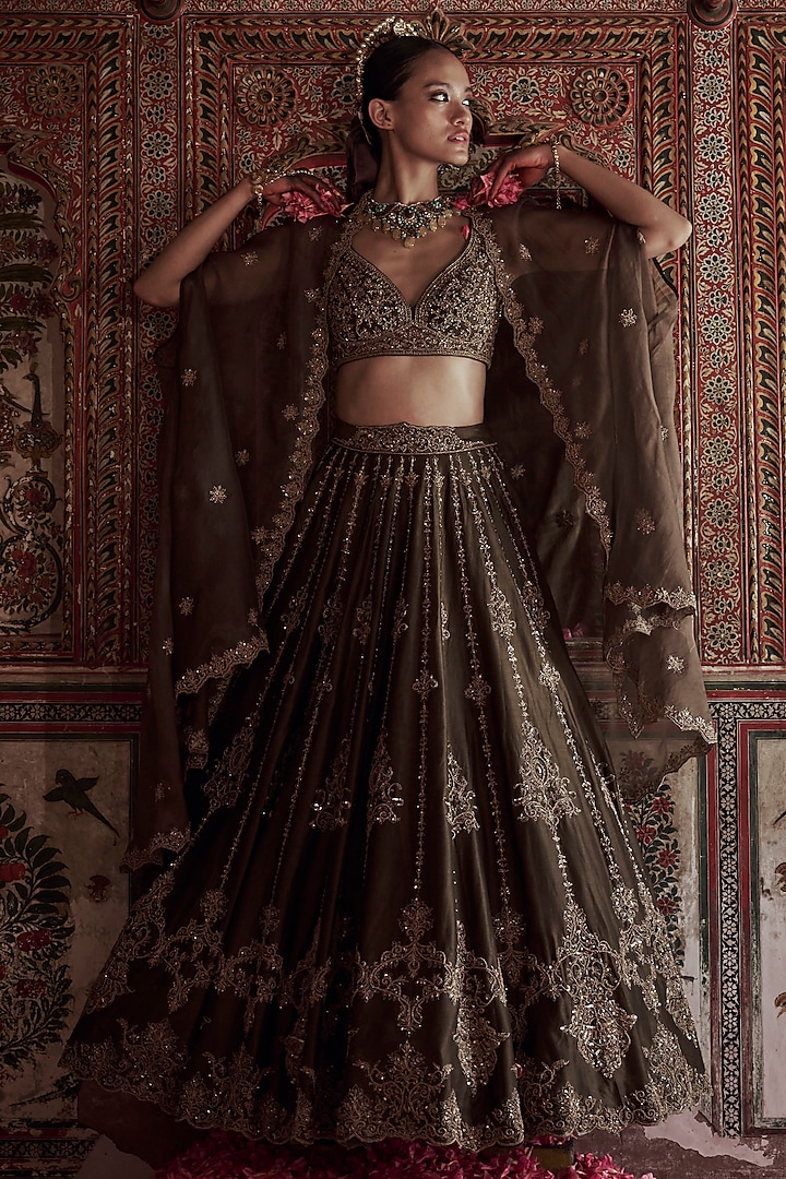 Olive Green Chanderi Silk Dori Hand Embroidered Bridal Lehenga Set by Jigar Mali at Pernia's Pop Up Shop