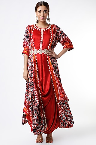 Blood Red Patola Printed Jacket Set by Jajobaa