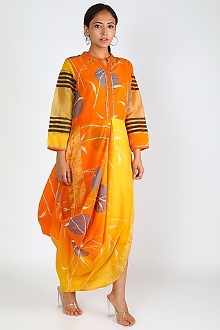 Yellow Printed Dress With Cowls by Jajobaa