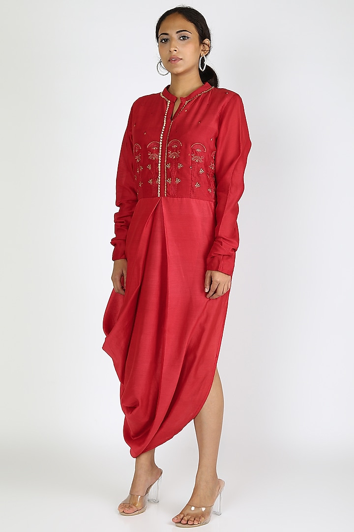 Red Embroidered Summer Dress With Cowls by Jajobaa at Pernia's Pop Up Shop