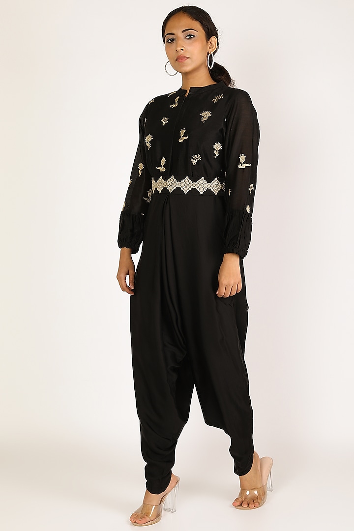 Black Embroidered Jumpsuit With Cowls by Jajobaa