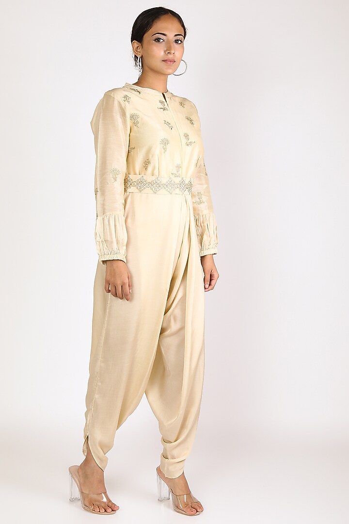 Ivory Embroidered Jumpsuit With Cowls by Jajobaa at Pernia's Pop Up Shop