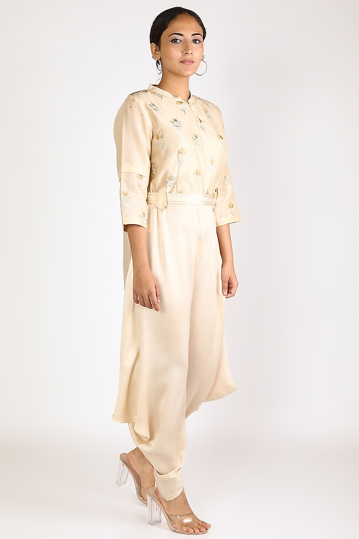 Ivory Zari Embroidered Jumpsuit With Cowls by Jajobaa