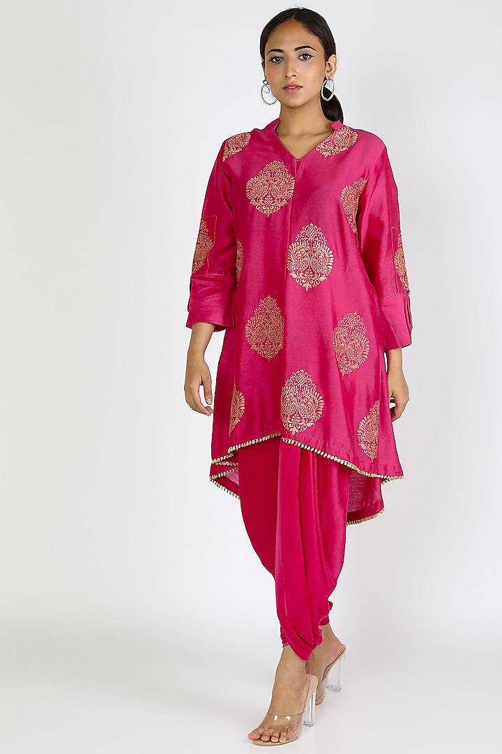 Rani Pink Embroidered Long Top With Dhoti by Jajobaa