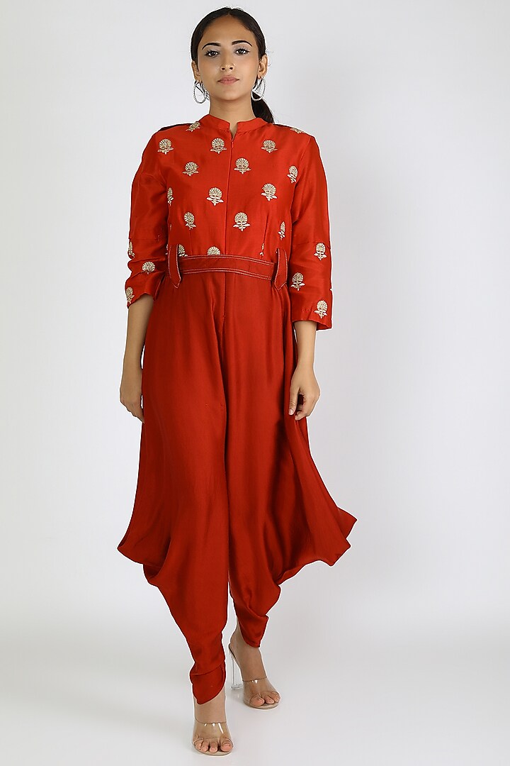 Red Embroidered Jumpsuit With Cowls by Jajobaa