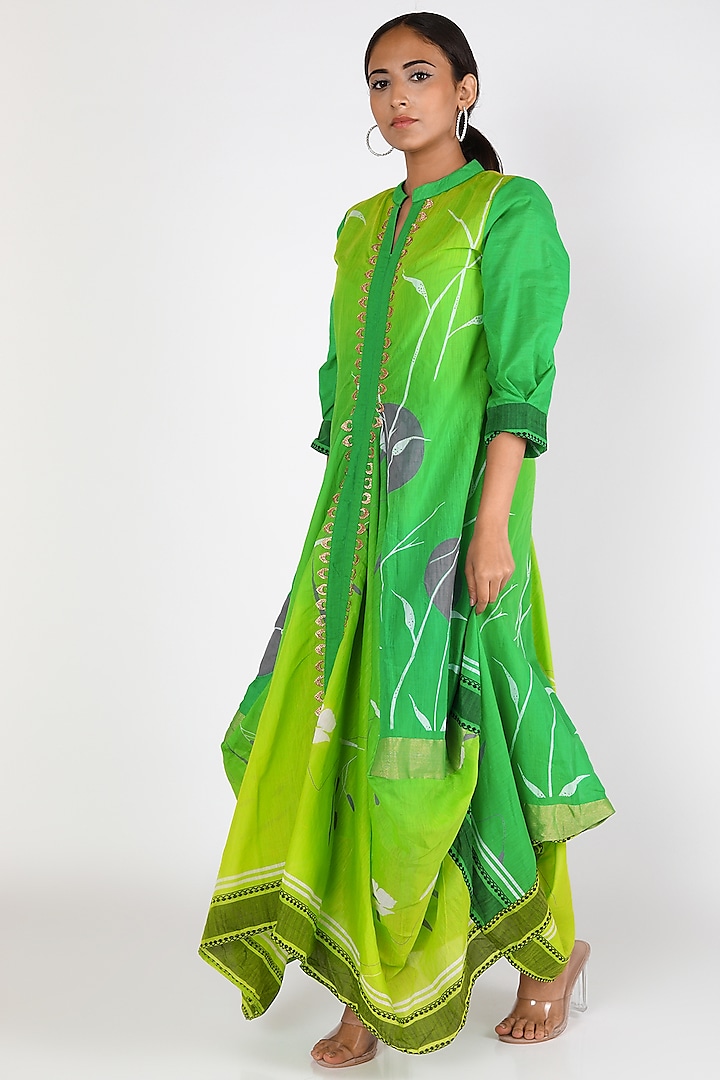 Green Embroidered Cowled Dress by Jajobaa