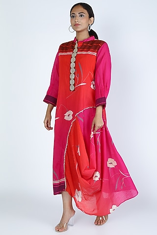 Red Printed Cowled Dress by Jajobaa