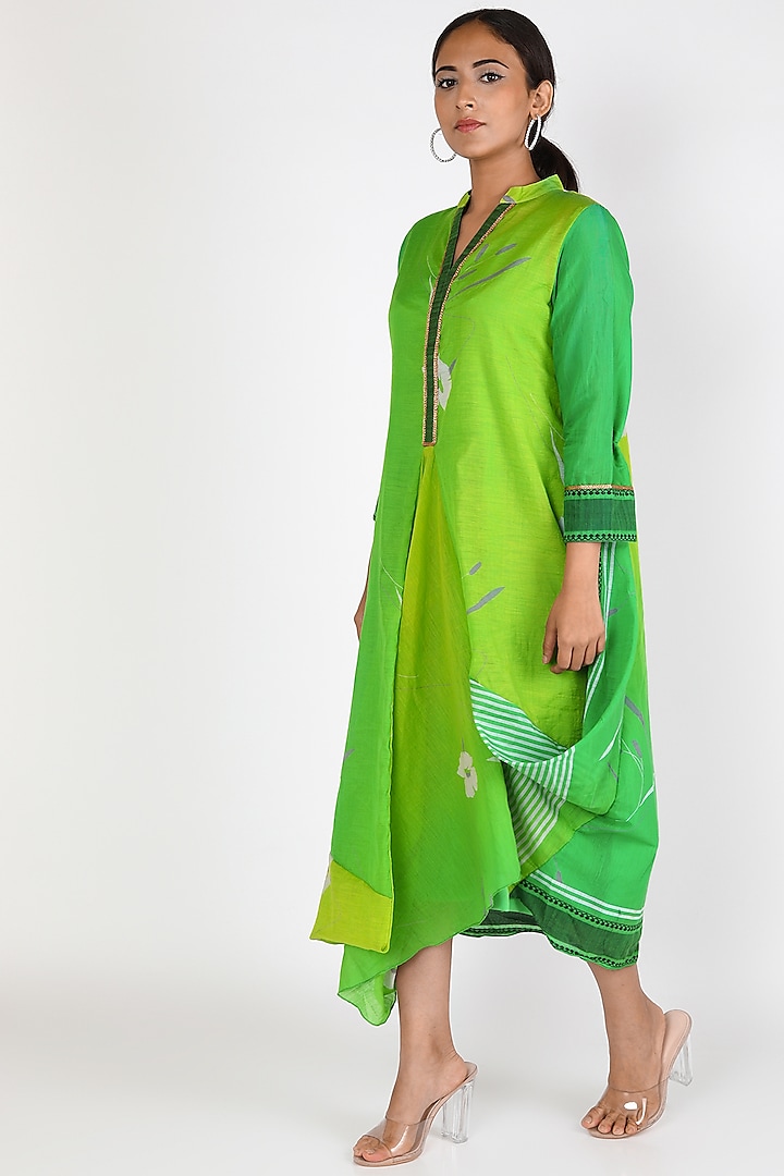 Green Cotton Cowled Dress by Jajobaa