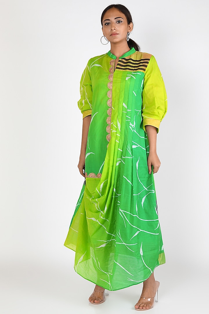 Green Banarasi Cowled Dress by Jajobaa
