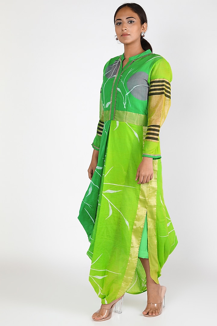 Green Cowled Cotton Dress by Jajobaa