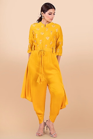 Yellow Cowl Draped Jumpsuit by Jajobaa