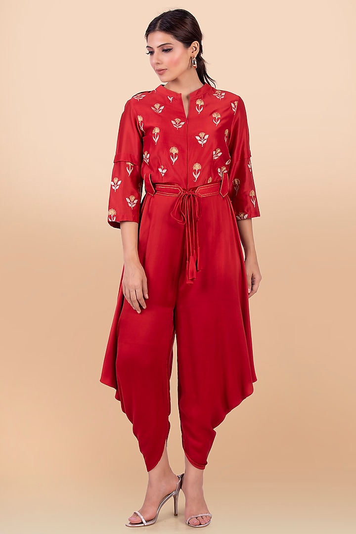 Red Cowl Draped Jumpsuit by Jajobaa