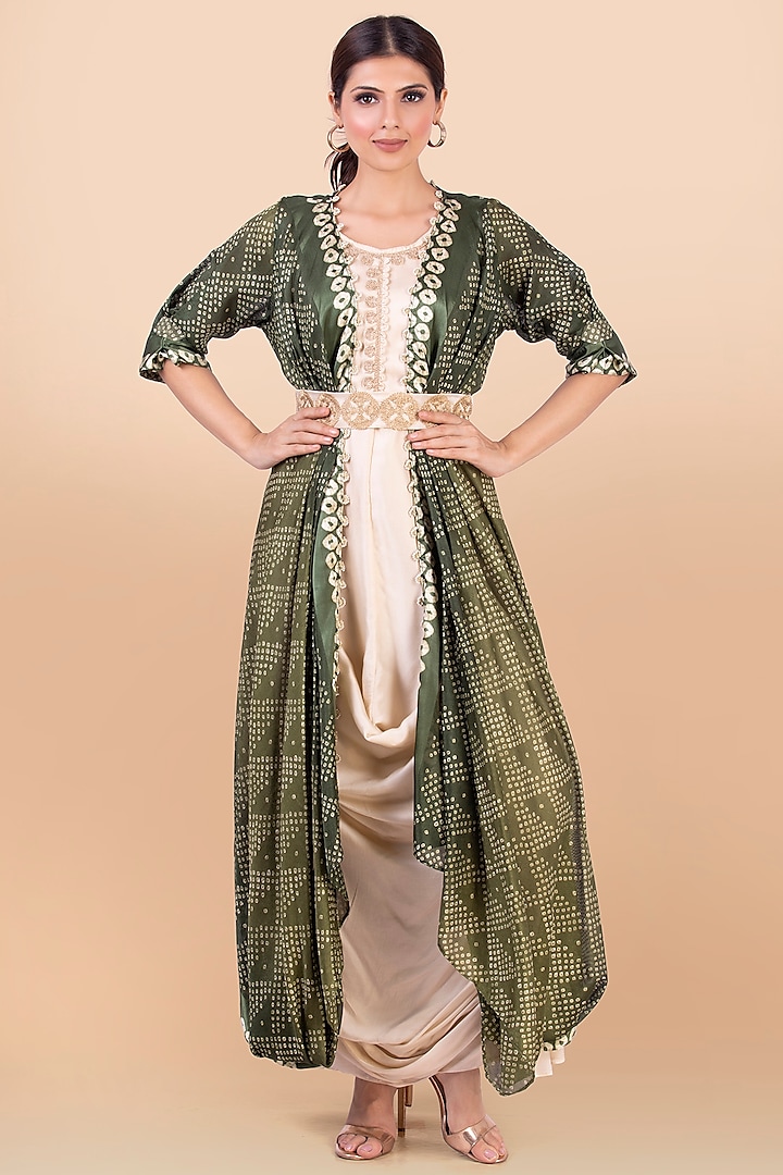 Green Bandhani Printed Jacket With Dress by Jajobaa