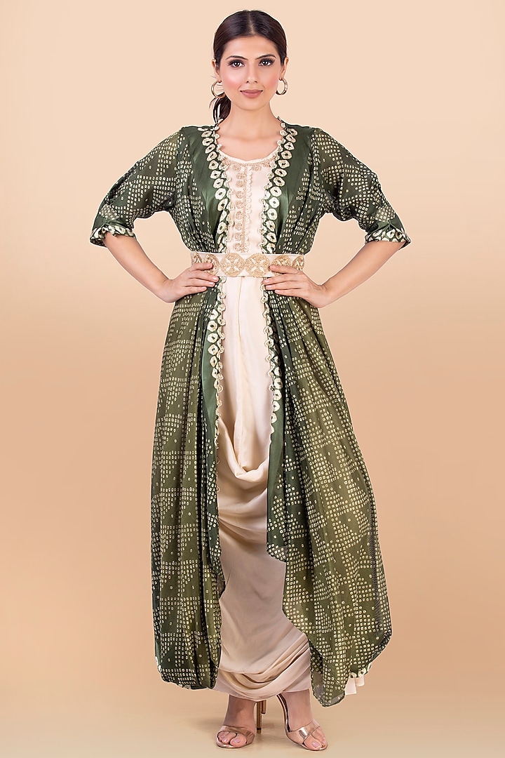 Green Bandhani Printed Jacket With Dress by Jajobaa at Pernia's Pop Up Shop