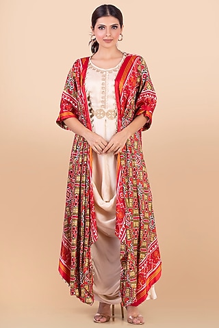 Red Patola Printed Jacket With Dress by Jajobaa