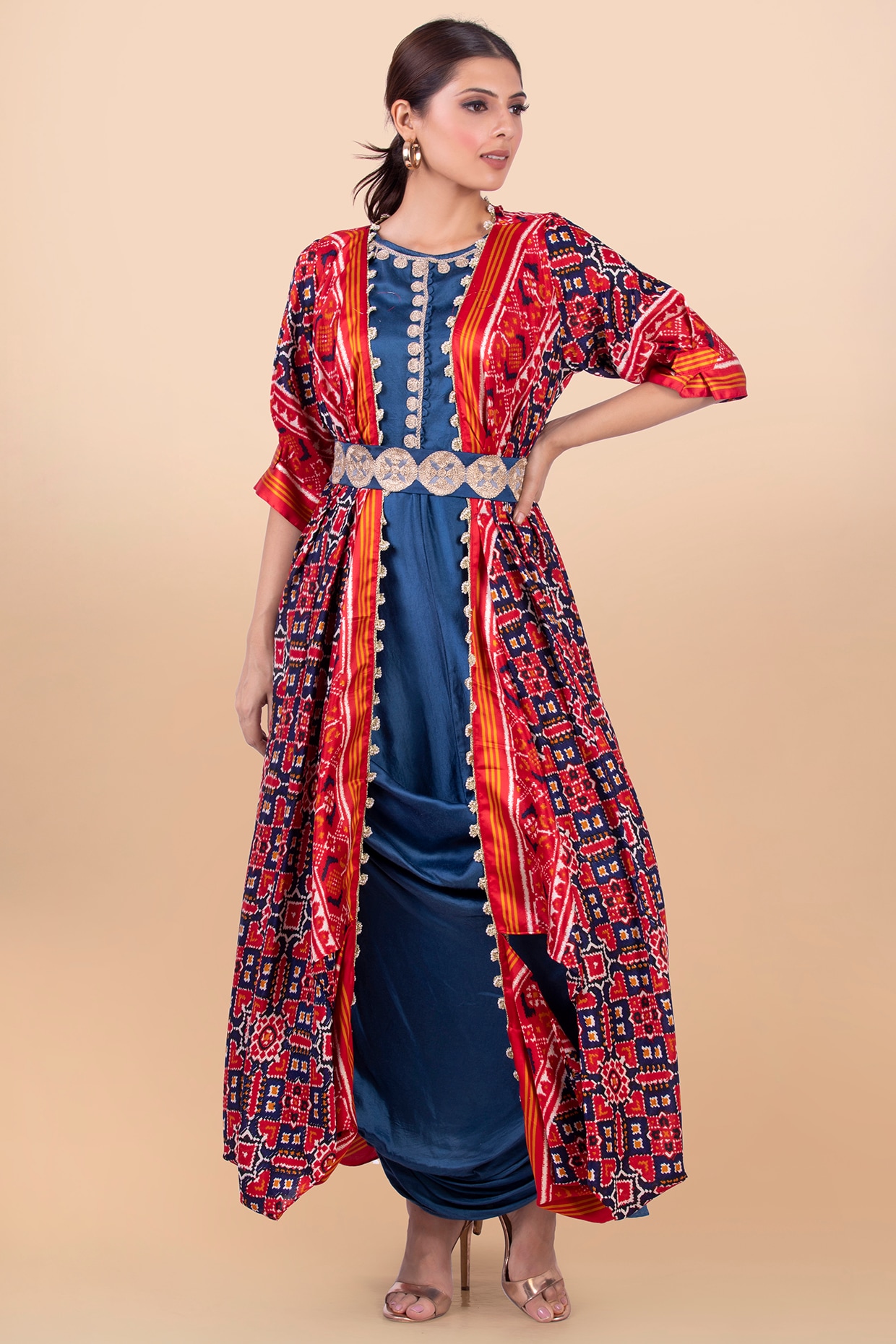 Red Patola Banarasi Silk Draped Jacket 