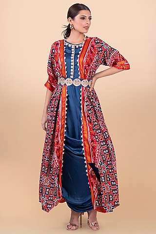 Red Patola Banarasi Silk Draped Jacket With Dress by Jajobaa