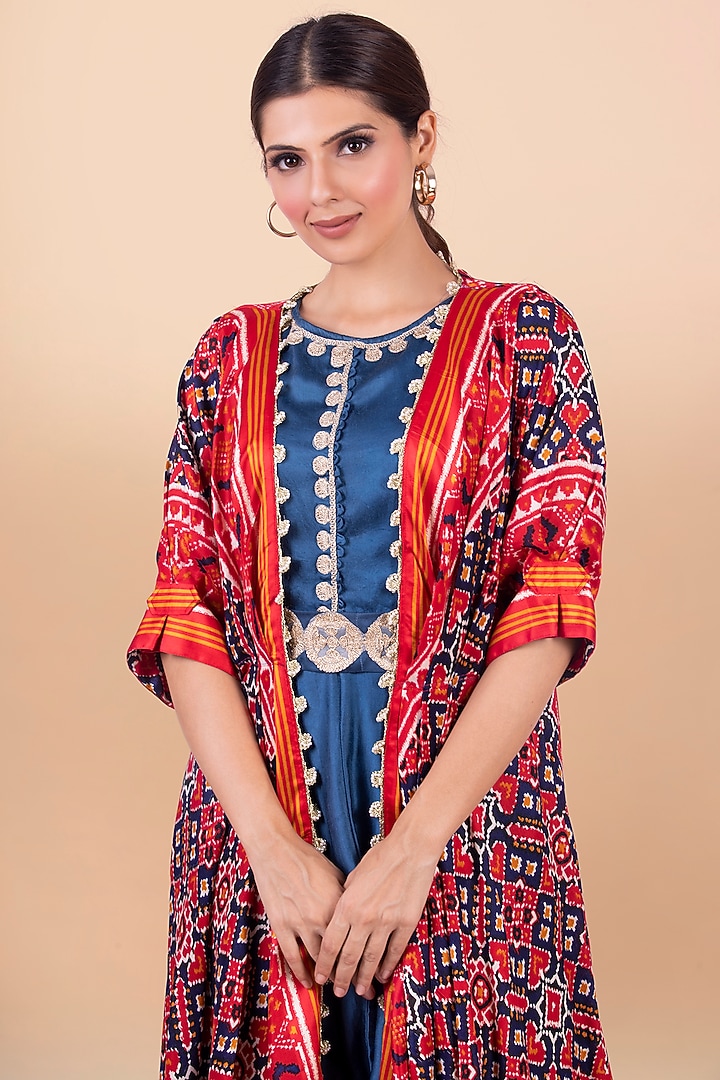 Red Patola Banarasi Silk Draped Jacket With Vacation Dress by Jajobaa at Pernia's Pop Up Shop