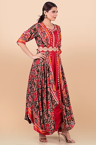 Mehendi Green & Red Draped Jacket With Dress by Jajobaa