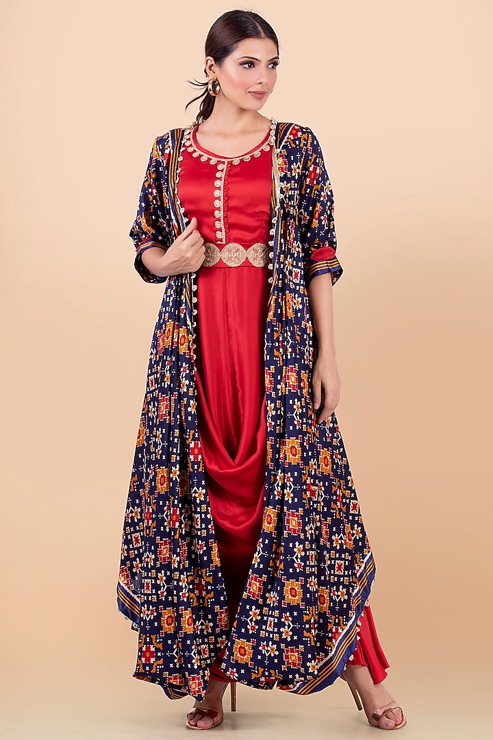 Blue & Red Patola Printed Draped Jacket With Dress by Jajobaa