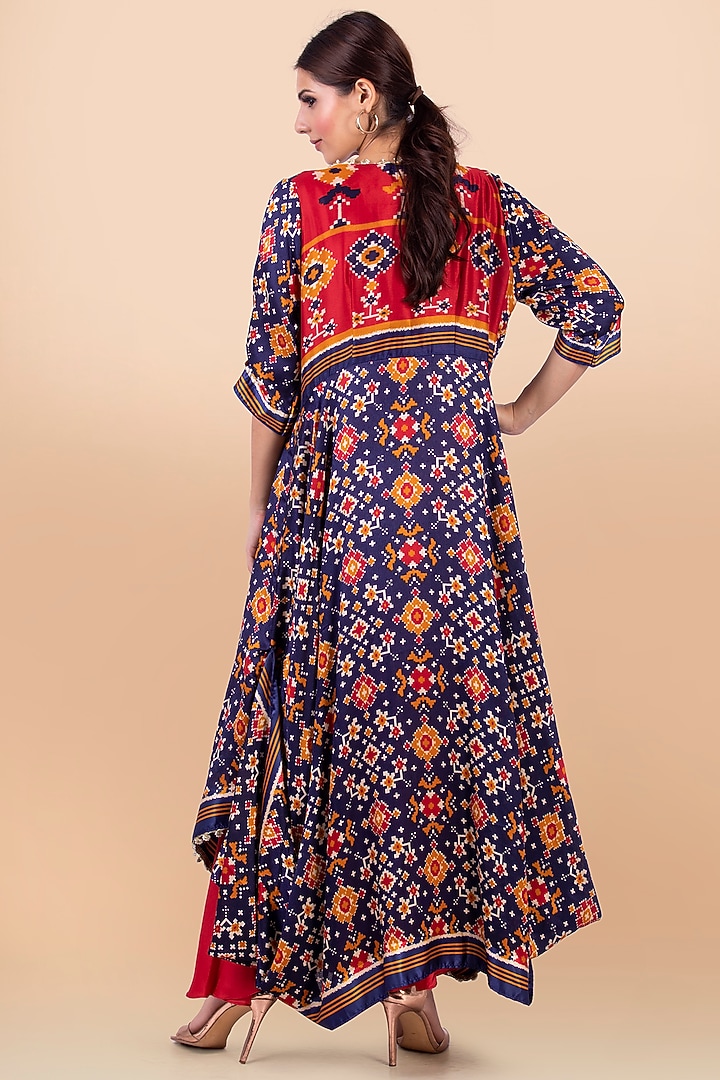 Blue & Red Patola Printed Draped Jacket With Vacation Dress by Jajobaa at Pernia's Pop Up Shop