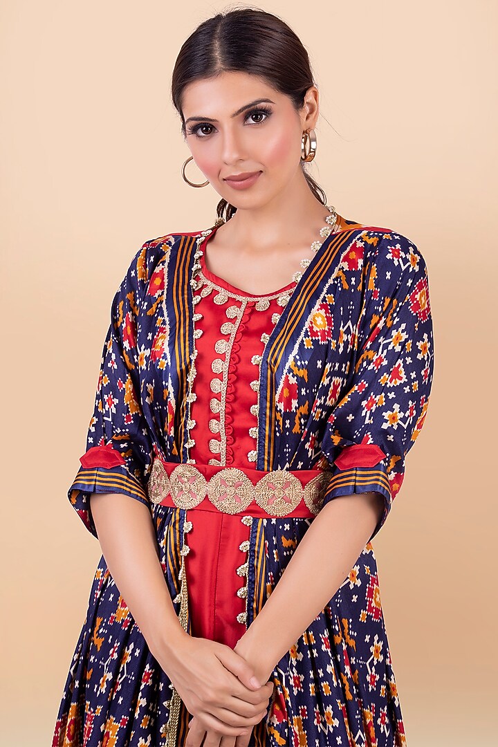 Blue & Red Patola Printed Draped Jacket With Vacation Dress by Jajobaa at Pernia's Pop Up Shop