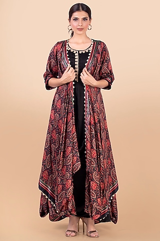 Black Paisley Printed Draped Jacket With Dress by Jajobaa