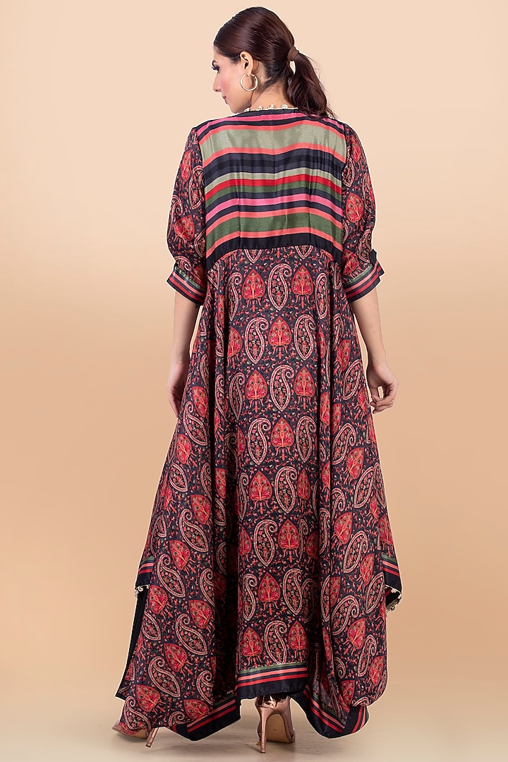 Black Paisley Printed Draped Jacket With Vacation Dress by Jajobaa at Pernia's Pop Up Shop