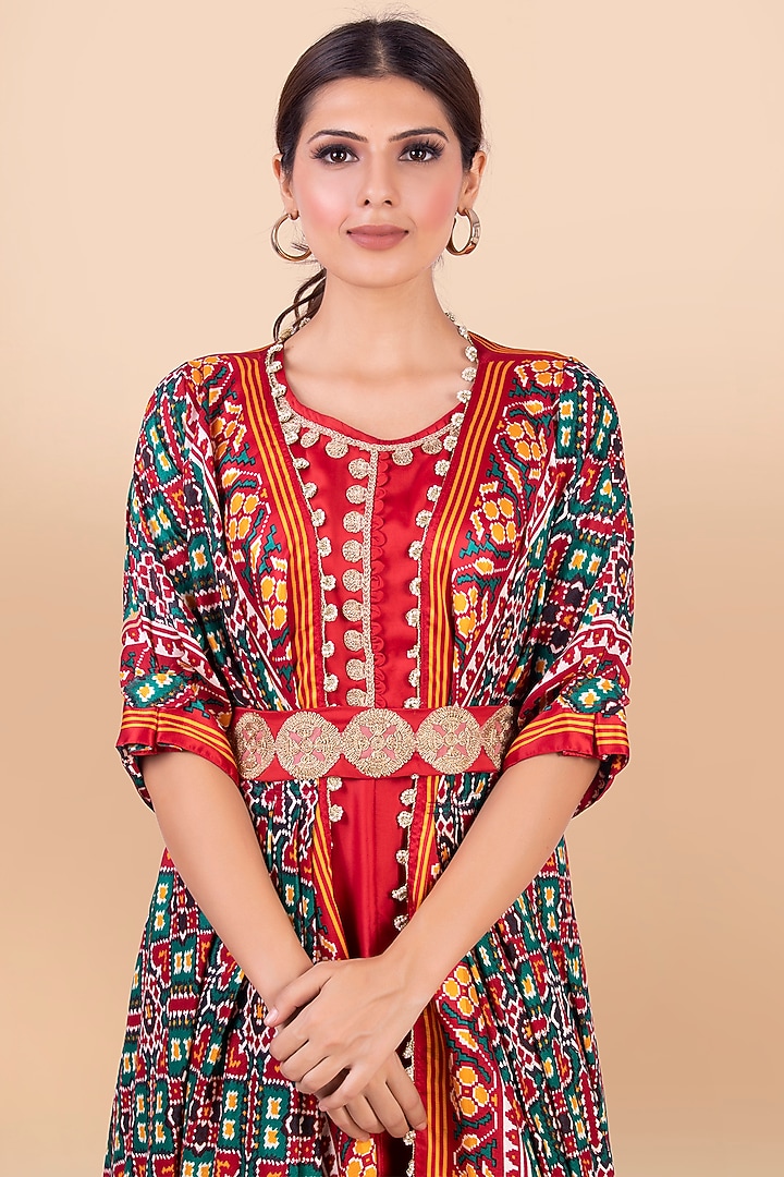Green & Red Patola Printed Jacket With Vacation Dress by Jajobaa at Pernia's Pop Up Shop