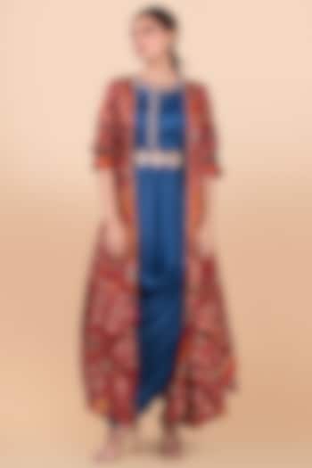 Red Patola Printed Draped Jacket With Vacation Dress by Jajobaa at Pernia's Pop Up Shop