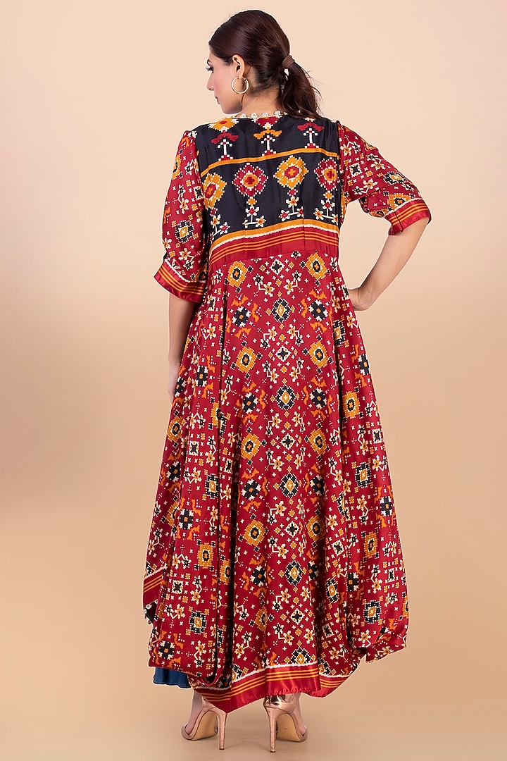Red Patola Printed Draped Jacket With Vacation Dress by Jajobaa at Pernia's Pop Up Shop