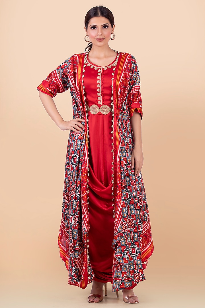 Grey & Red Patola Printed Jacket With Dress by Jajobaa