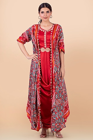 Grey & Red Patola Printed Jacket With Dress by Jajobaa