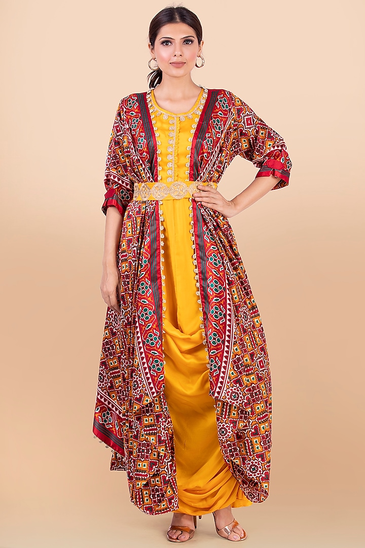 Red & Yellow Patola Printed Jacket With Dress by Jajobaa