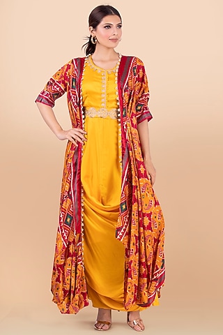 Red & Yellow Printed Jacket With Dress by Jajobaa