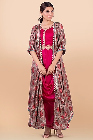 Grey Patola Printed Draped Jacket With Dress by Jajobaa